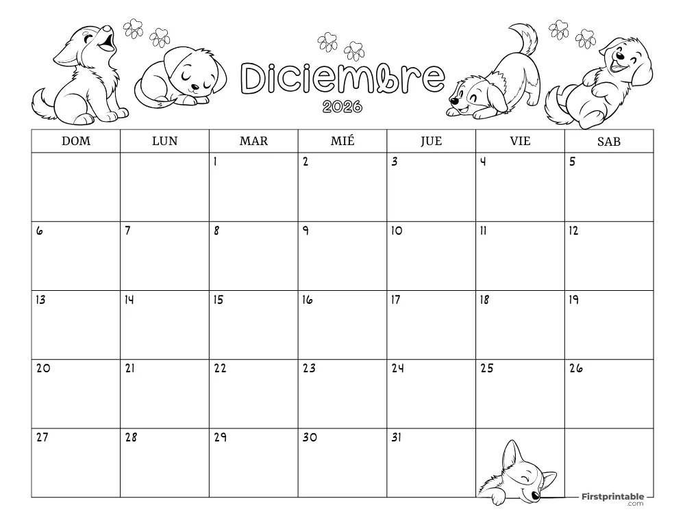Calendario de diciembre de 2026 con temática de perros 02