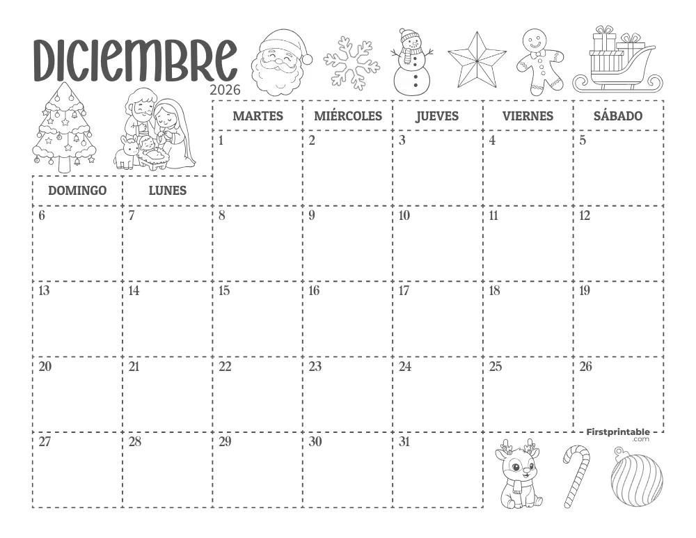 Calendario de diciembre de 2026 con temática navideña 01
