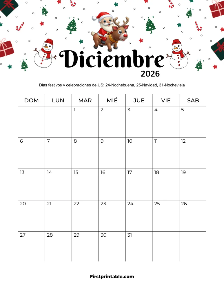 Calendario de diciembre de 2026 con temática navideña