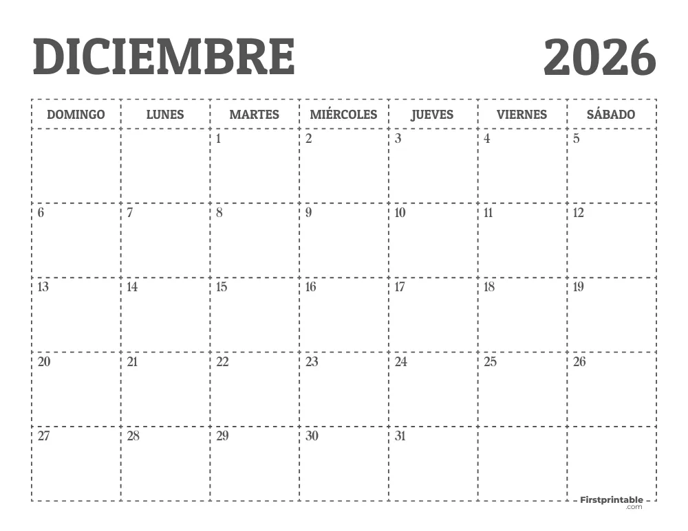 Calendario de diciembre de 2026 para imprimir