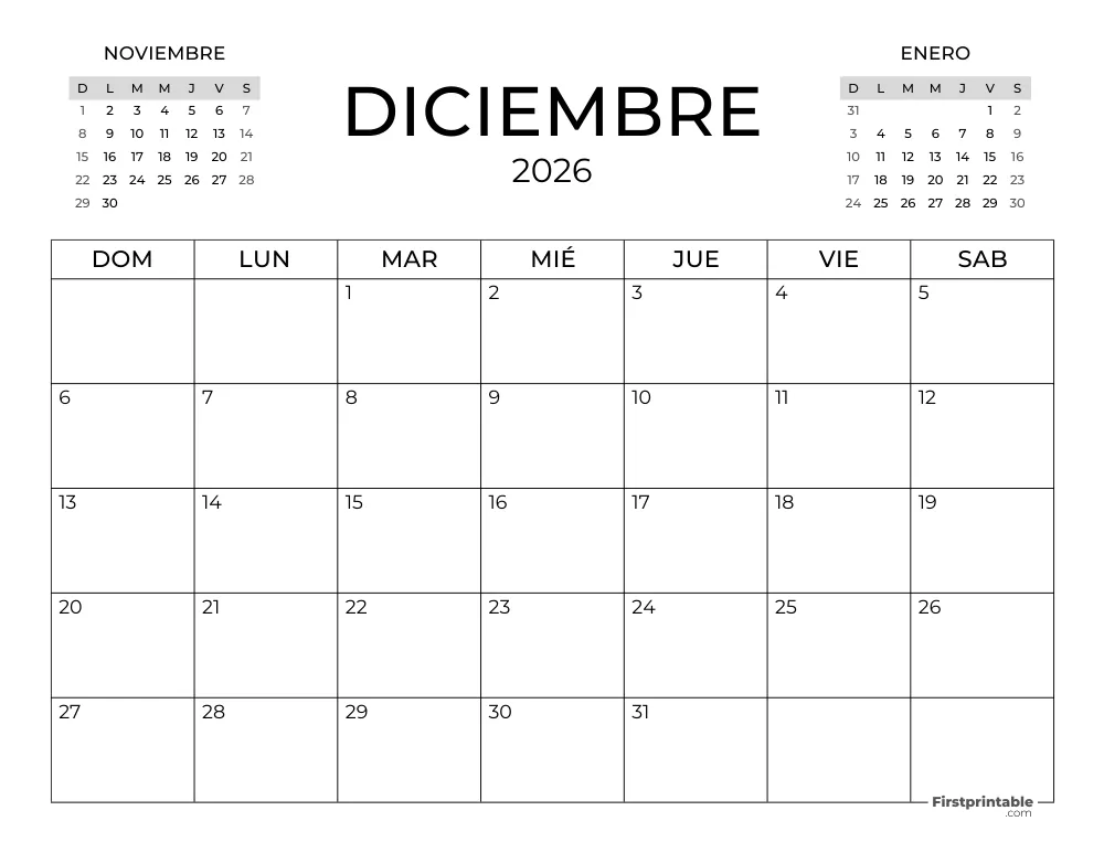Calendario de diciembre de 2026