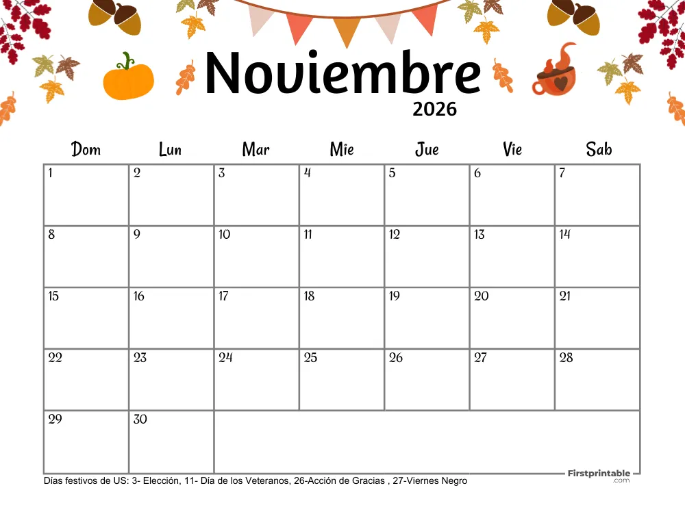 Calendario de noviembre de 2026 - Tema de Acción de Gracias