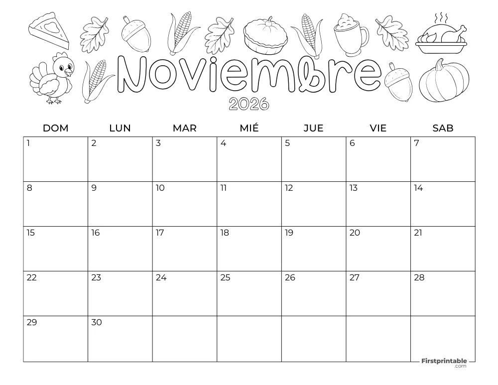 Calendario de noviembre de 2026 - Temática de Acción de Gracias
