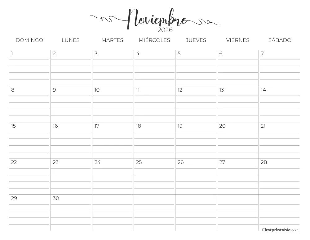 Calendario de noviembre de 2026 con líneas 02