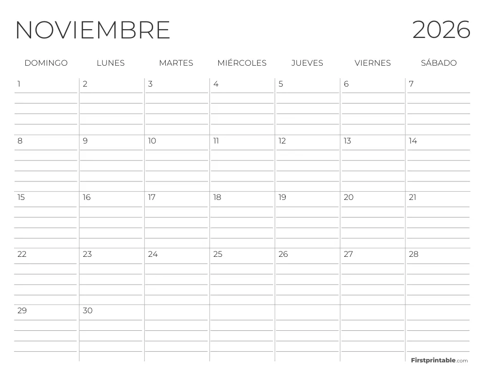 Calendario de noviembre de 2026 con líneas