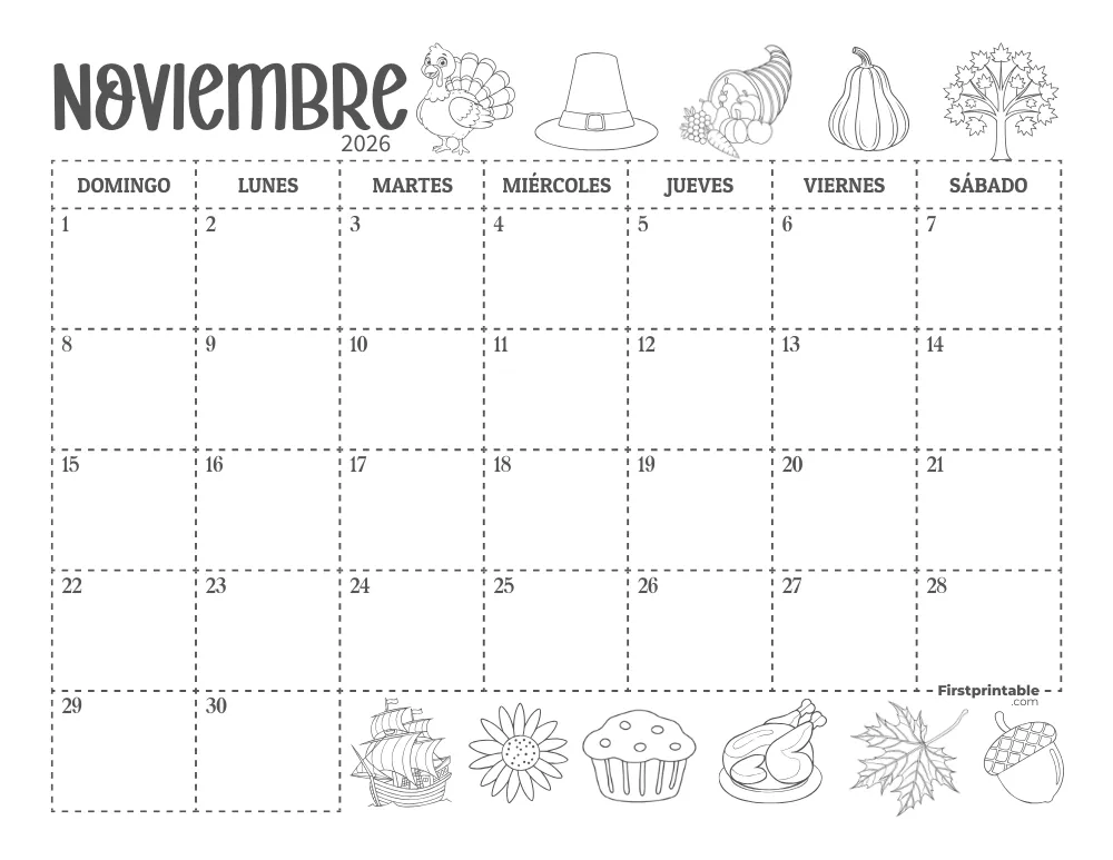 Calendario de noviembre de 2026 con temática de Acción de Gracias 01
