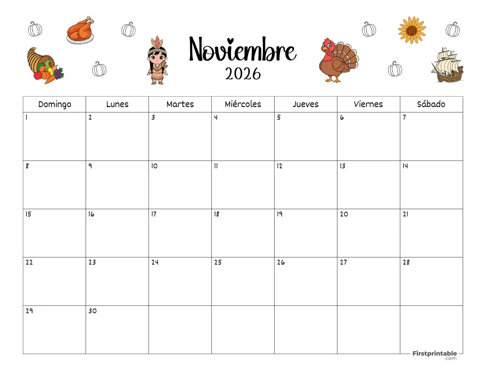 Calendario de noviembre de 2026 con temática de Acción de Gracias 02