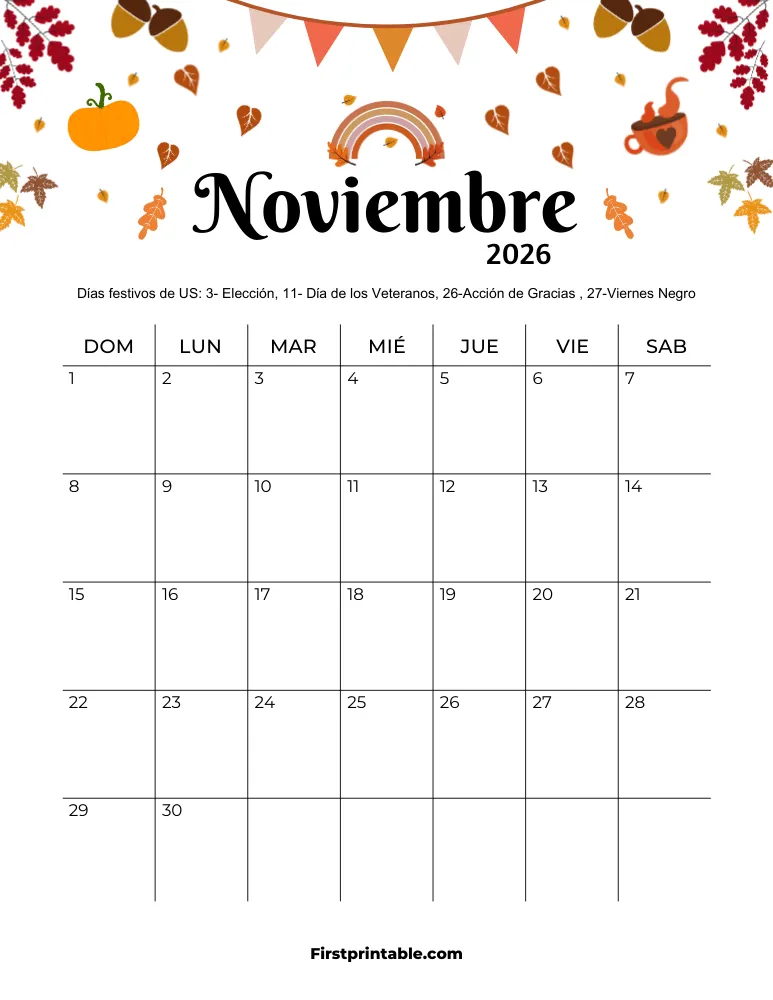 Calendario de noviembre de 2026 con temática de Acción de Gracias