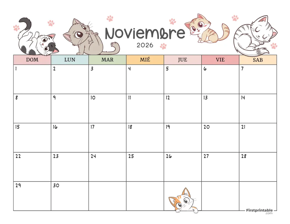 Calendario de noviembre de 2026 con temática de gatos 01