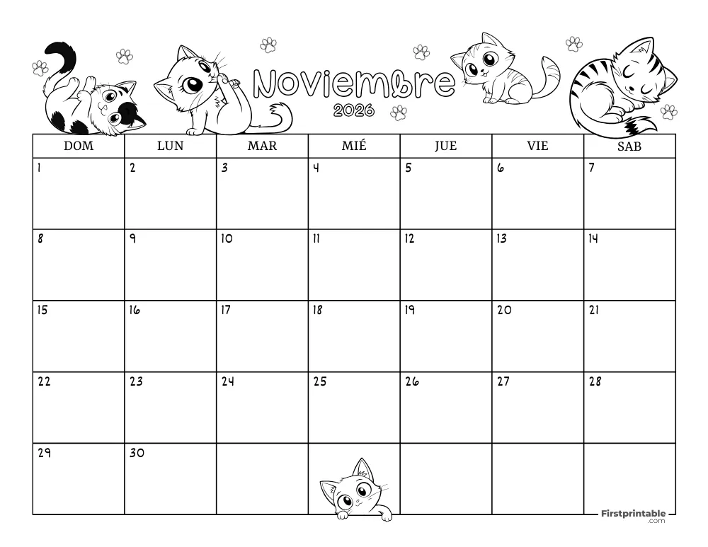 Calendario de noviembre de 2026 con temática de gatos 02
