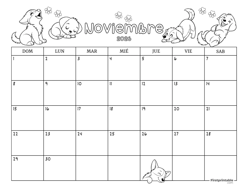 Calendario de noviembre de 2026 con temática de perros 02