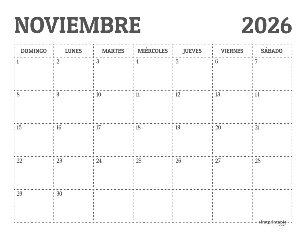 Calendario de noviembre de 2026 para imprimir