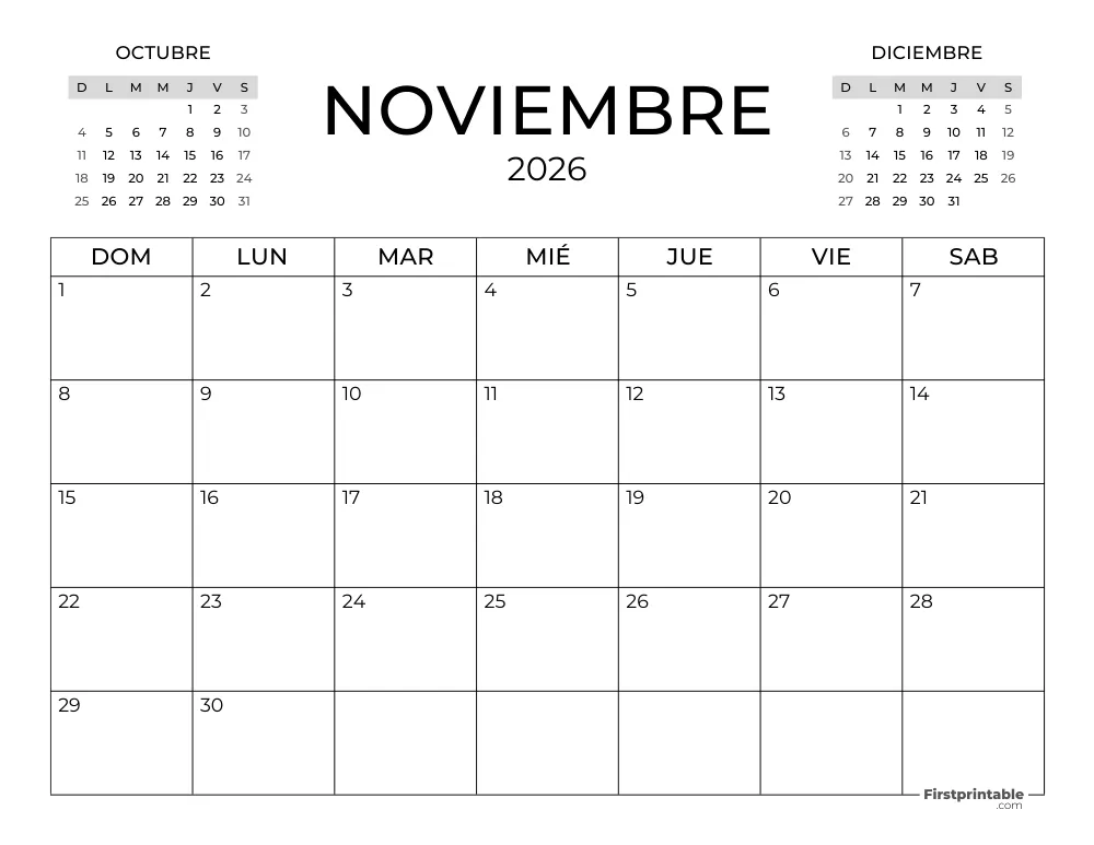 Calendario de noviembre de 2026