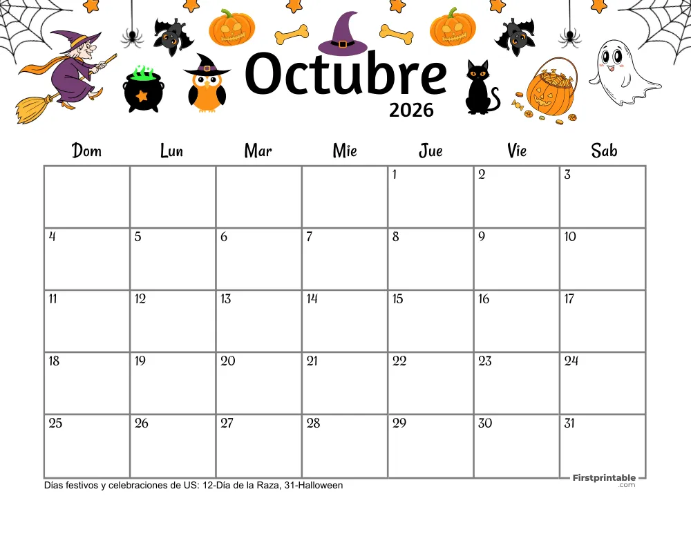 Calendario de octubre de 2026 - Tema de Halloween