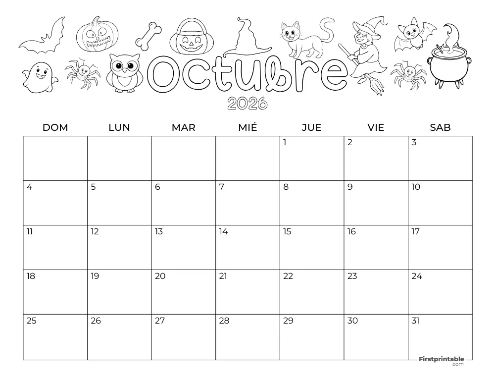 Calendario de octubre de 2026 - Temática de Halloween