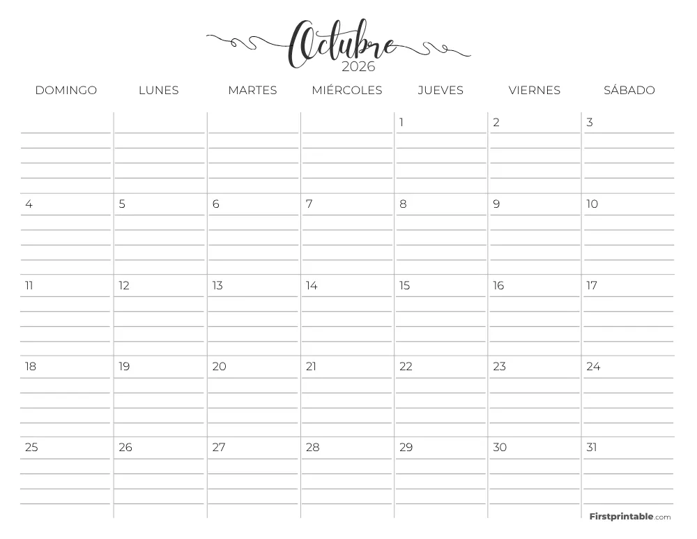 Calendario de octubre de 2026 con líneas 02