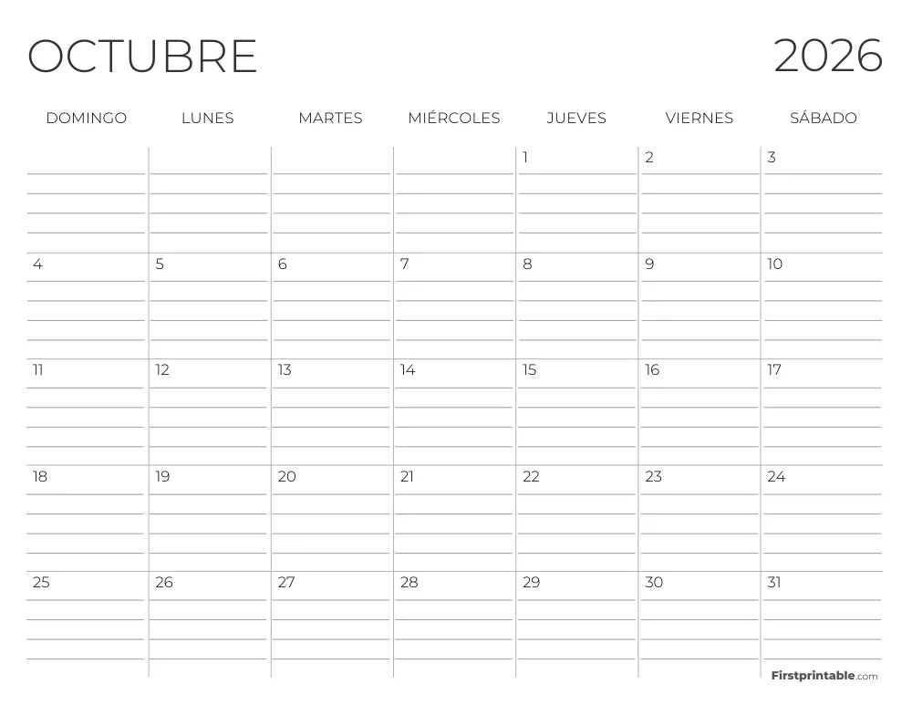 Calendario de octubre de 2026 con líneas