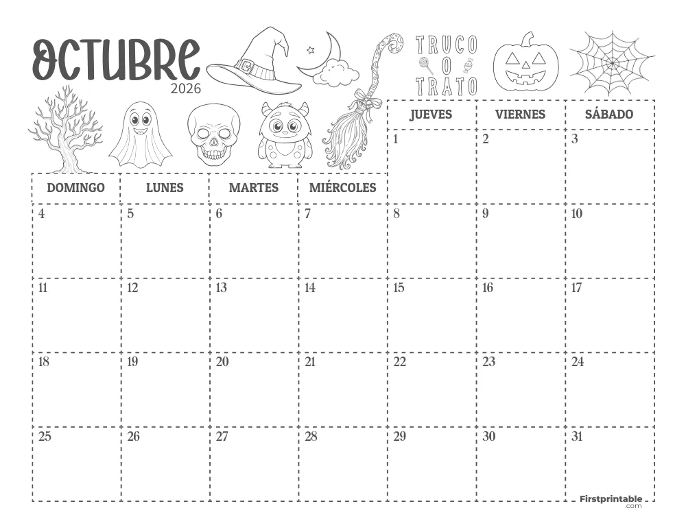 Calendario de octubre de 2026 con temática de Halloween 01