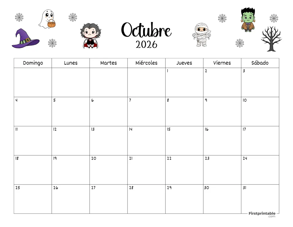 Calendario de octubre de 2026 con temática de Halloween 02
