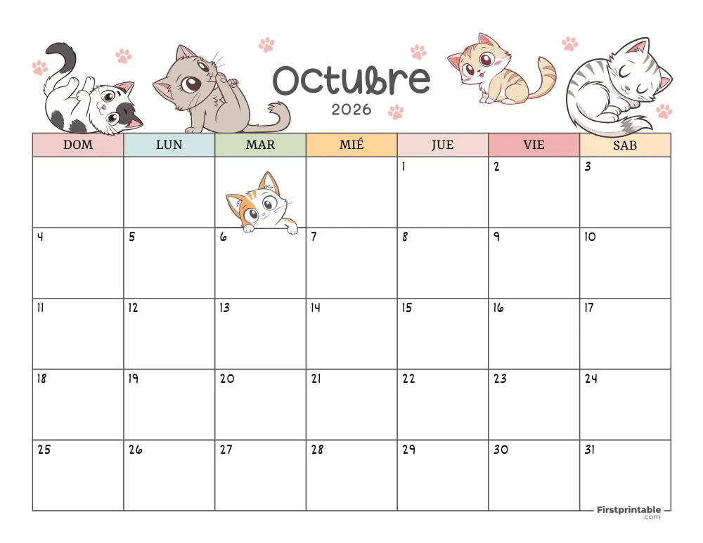 Calendario de octubre de 2026 con temática de gatos 01
