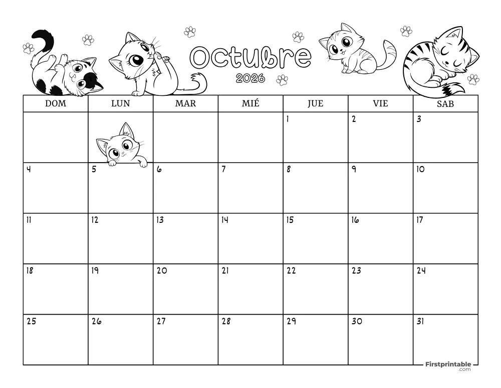 Calendario de octubre de 2026 con temática de gatos 02