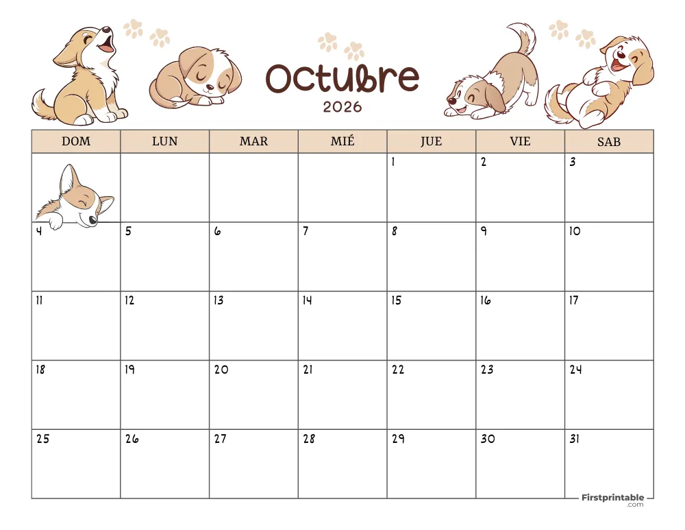 Calendario de octubre de 2026 con temática de perros 01