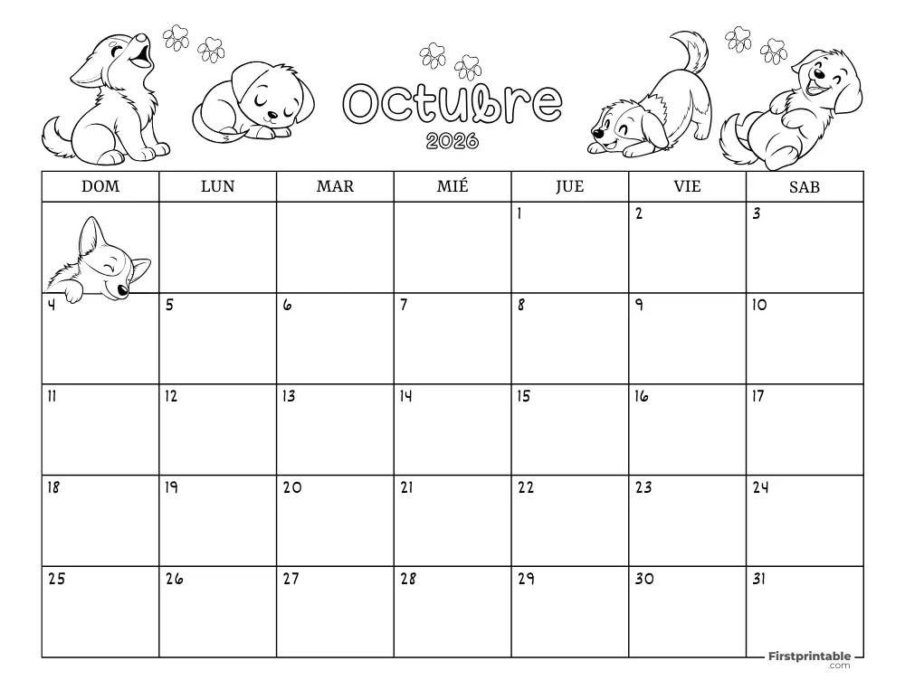Calendario de octubre de 2026 con temática de perros 02