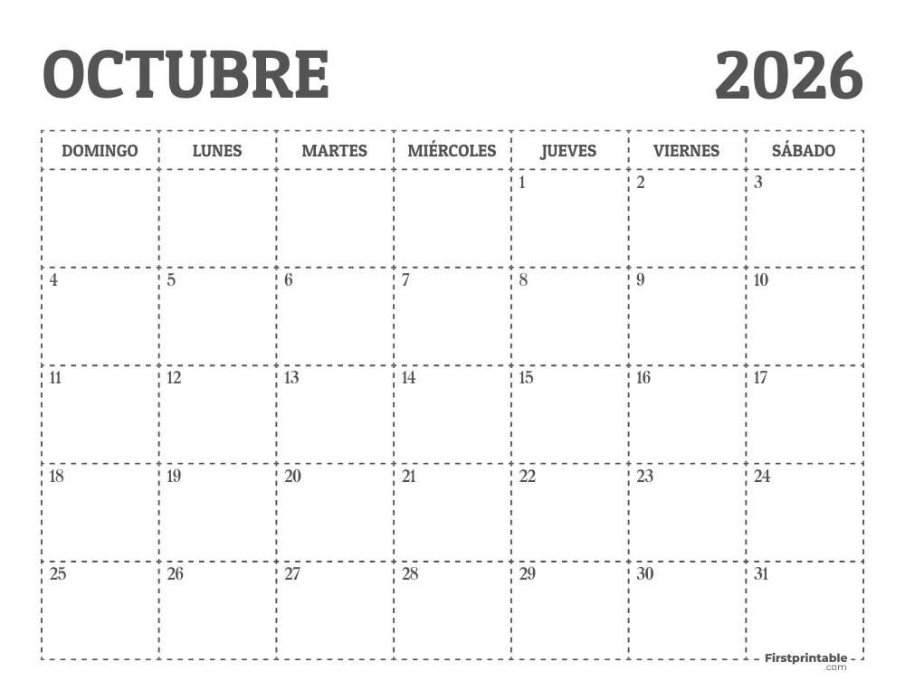 Calendario de octubre de 2026 para imprimir