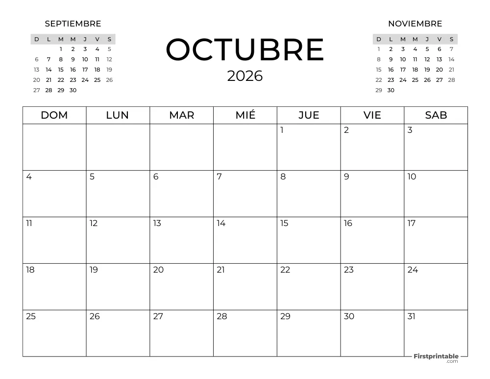 Calendario de octubre de 2026