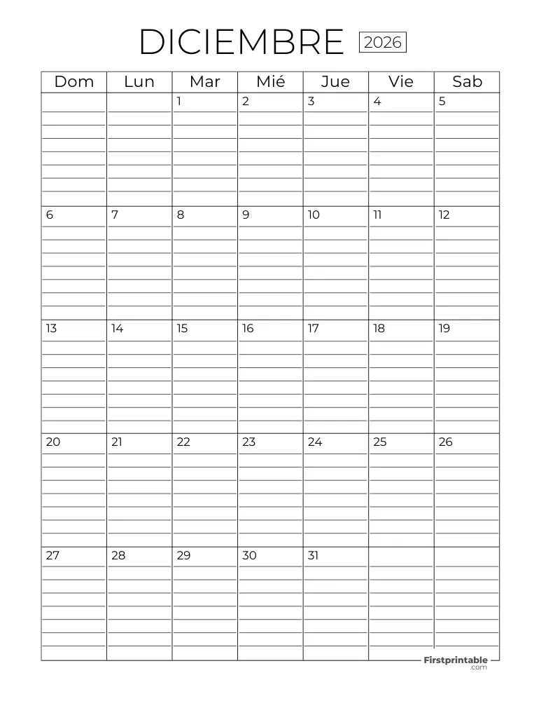 Calendario diciembre 2026 con líneas