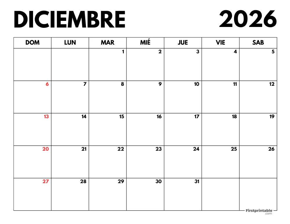 Calendario diciembre 2026