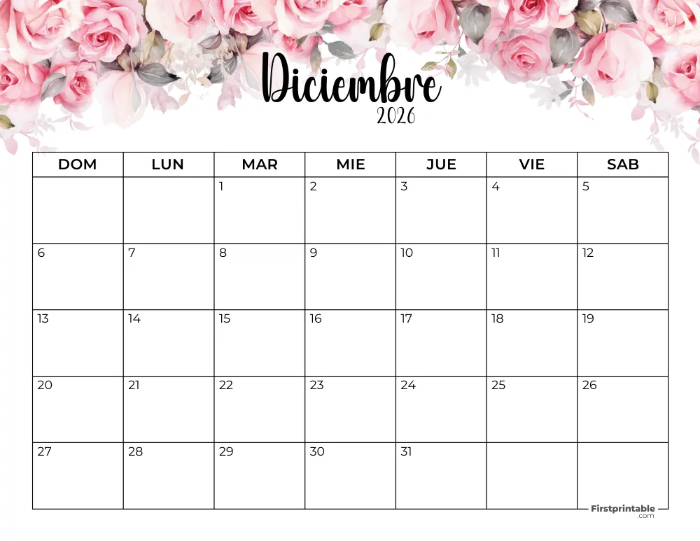 Calendario floral de diciembre de 2026 - 01