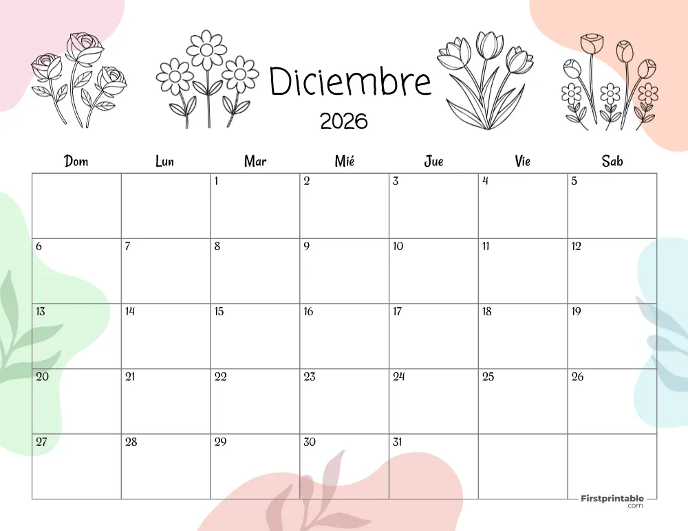 Calendario floral de diciembre de 2026