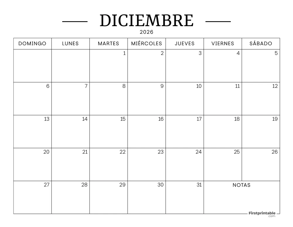 Calendario imprimible de diciembre de 2026