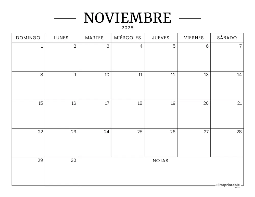 Calendario imprimible de noviembre de 2026