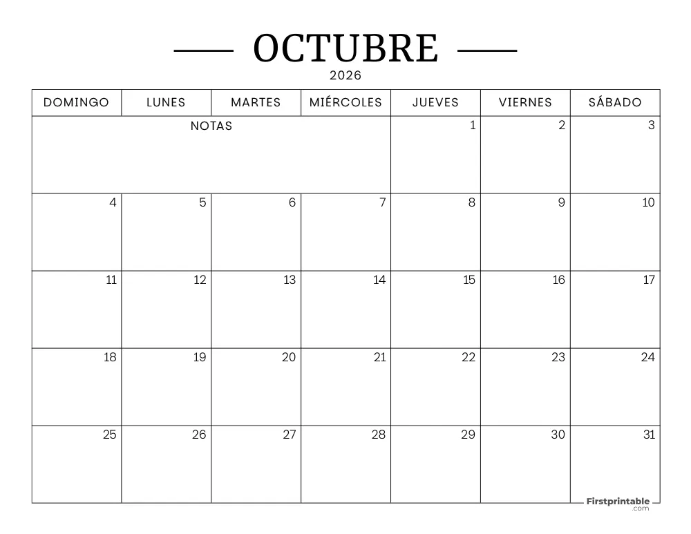 Calendario imprimible de octubre de 2026
