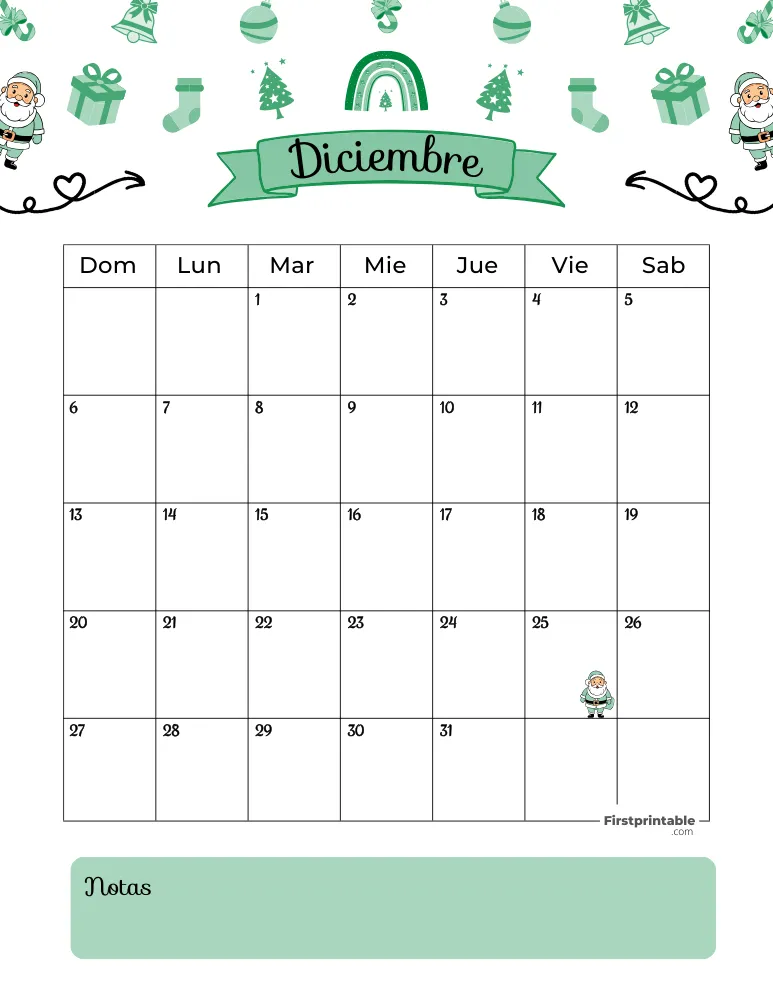 Calendario imprimible para diciembre de 2026, plantilla navideña 01