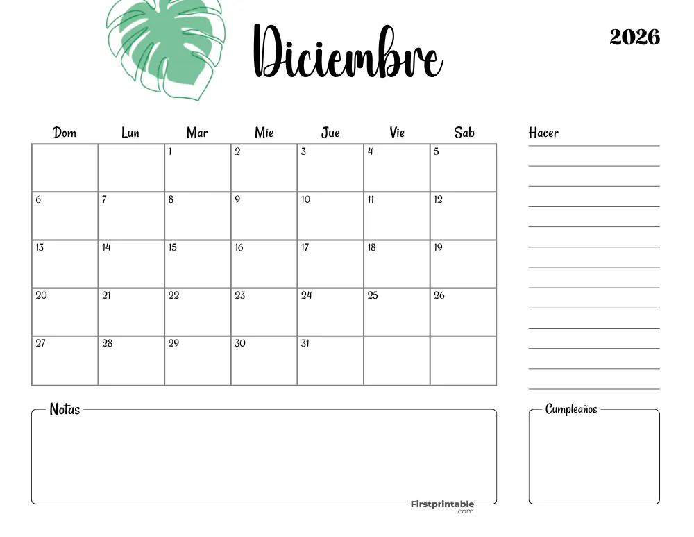 Calendario imprimible para diciembre de 2026, plantilla navideña 18