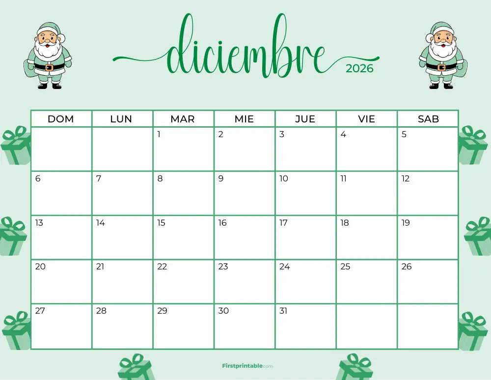 Calendario imprimible para diciembre de 2026, plantilla navideña 20