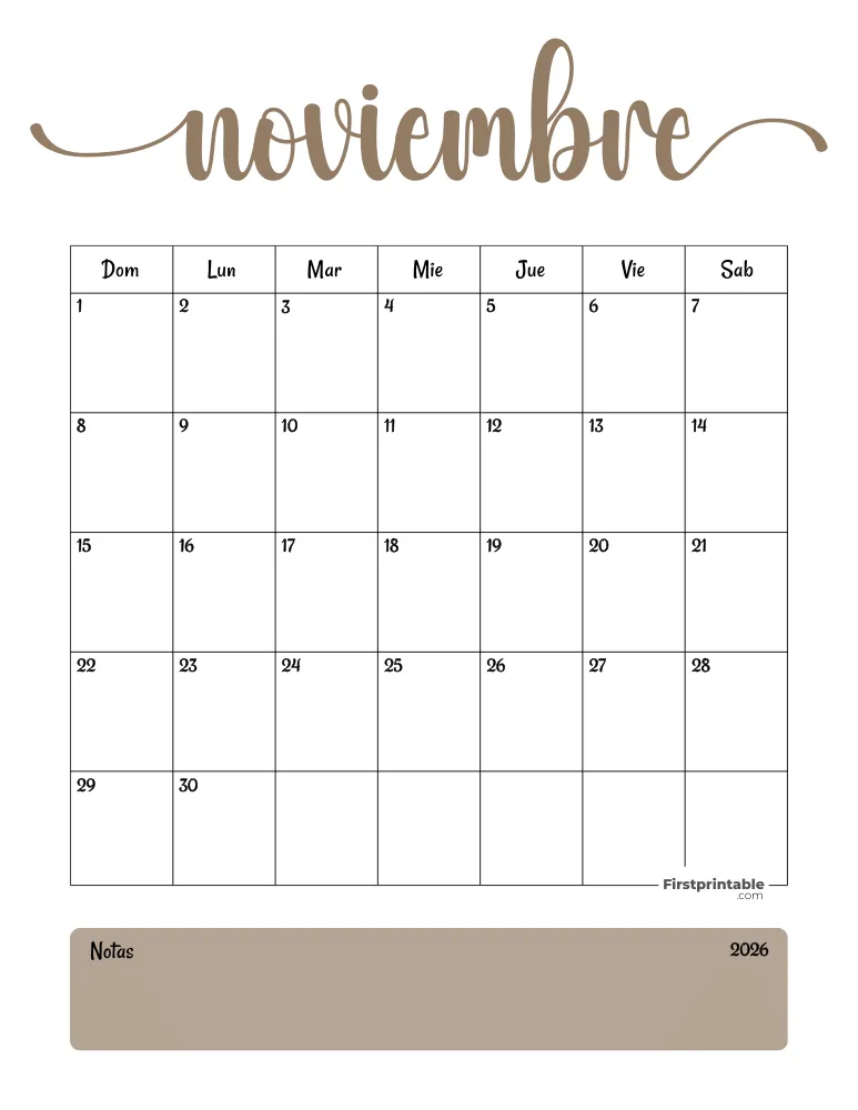 Calendario imprimible para noviembre de 2026, plantilla de Acción de Gracias 04