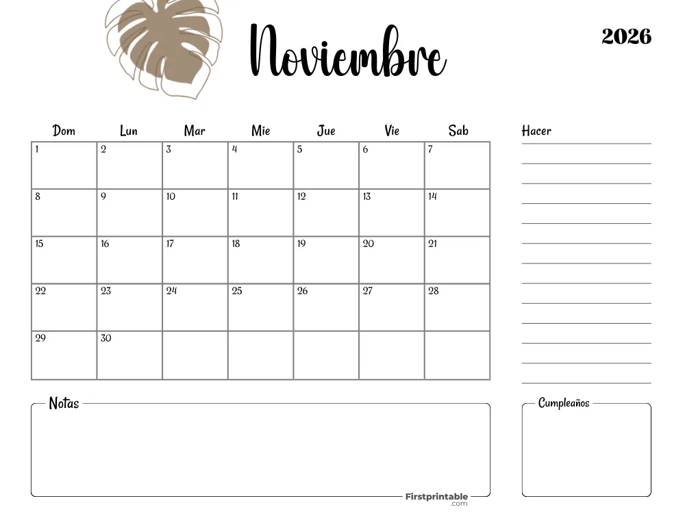 Calendario imprimible para noviembre de 2026, plantilla de Acción de Gracias 18