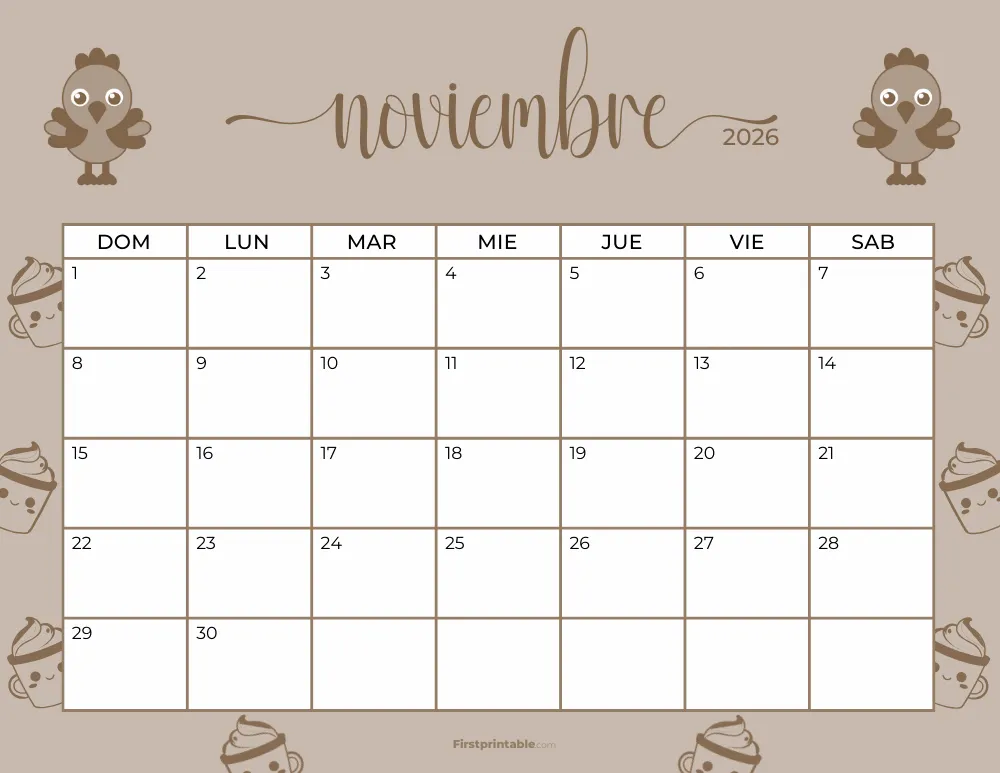 Calendario imprimible para noviembre de 2026, plantilla de Acción de Gracias 20