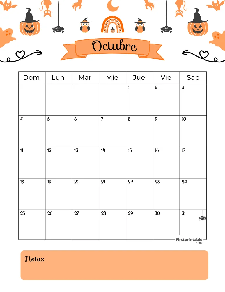Calendario imprimible para octubre de 2026, plantilla de Halloween 01