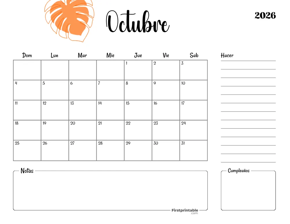 Calendario imprimible para octubre de 2026, plantilla de Halloween 18