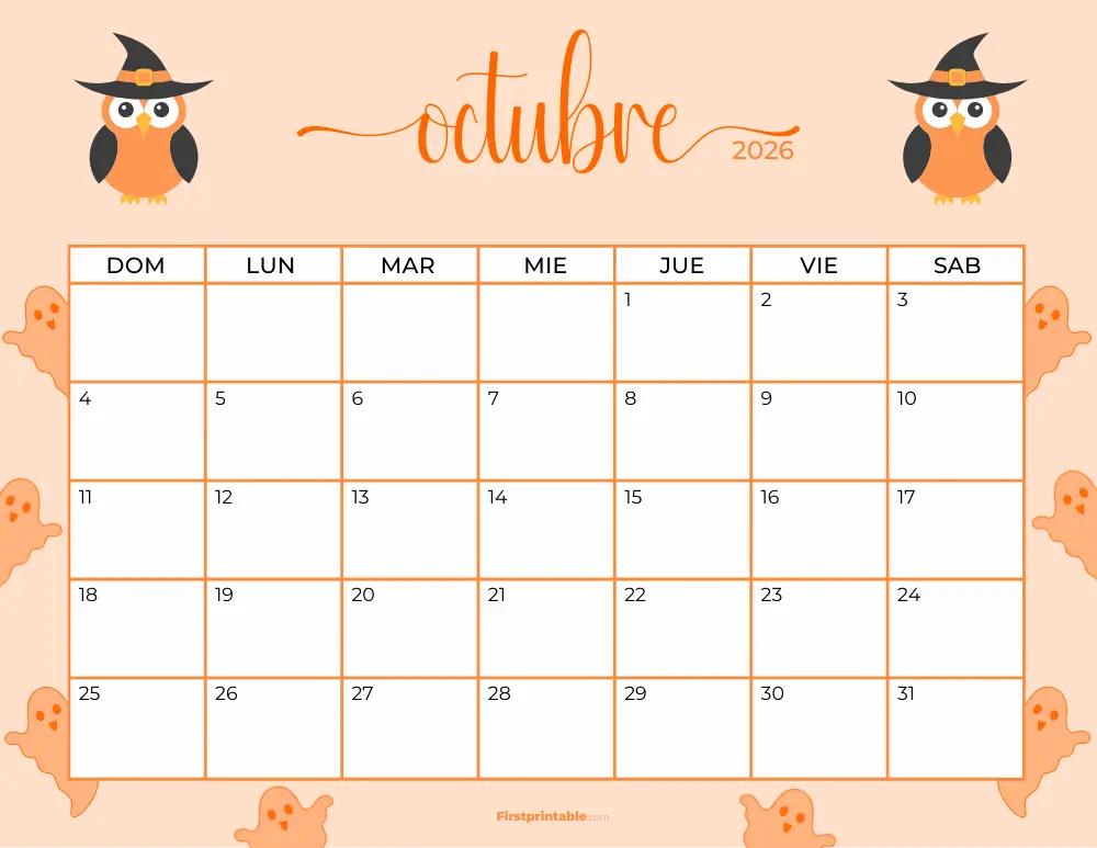 Calendario imprimible para octubre de 2026, plantilla de Halloween 20