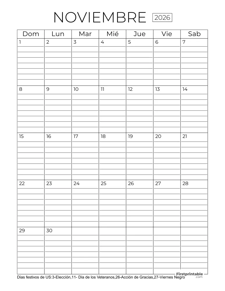 Calendario noviembre 2026 con líneas