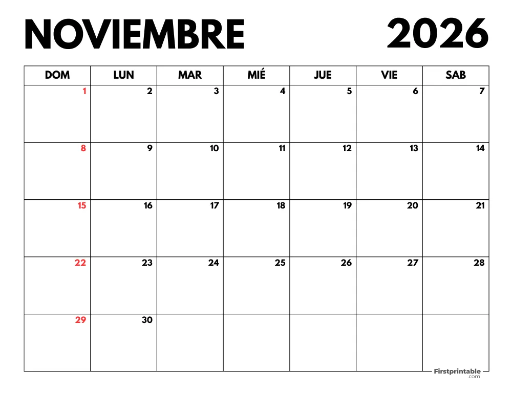 Calendario noviembre 2026