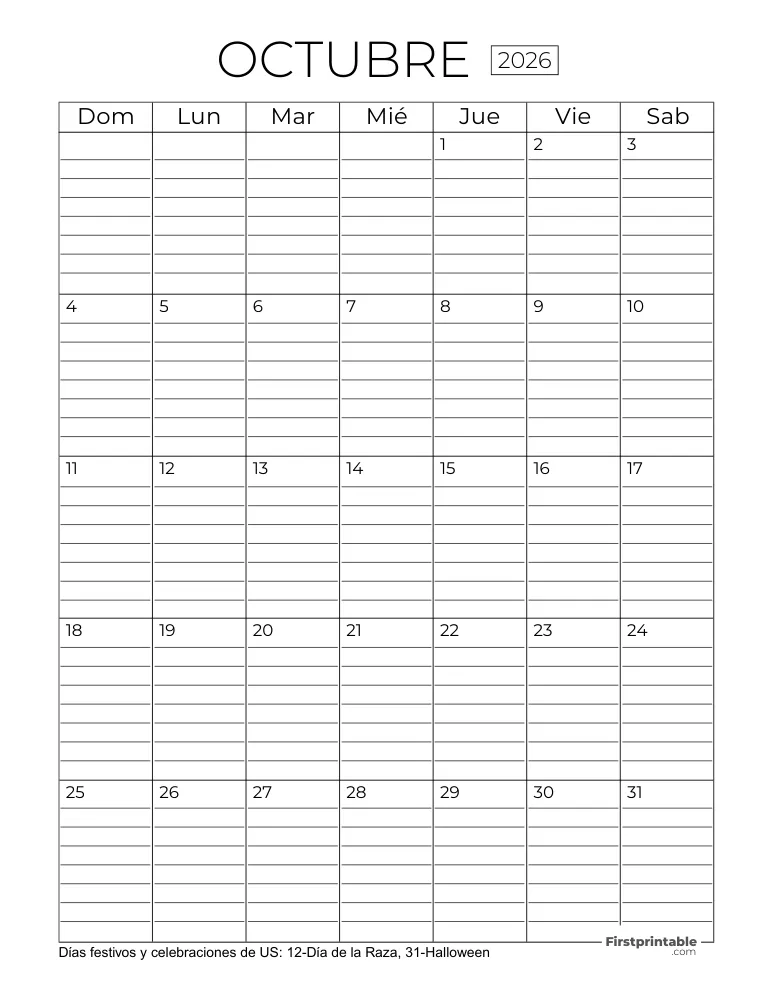 Calendario octubre 2026 con líneas