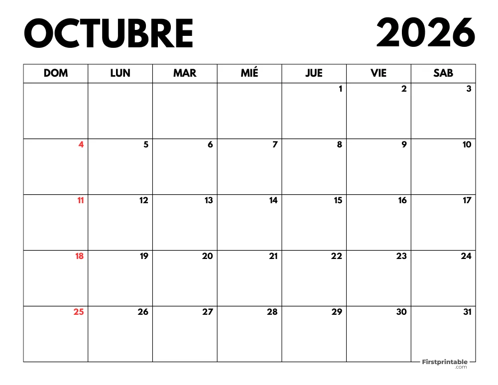 Calendario octubre 2026