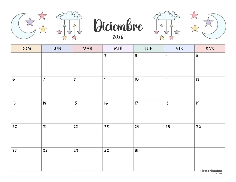 Calendario para imprimir diciembre 2026